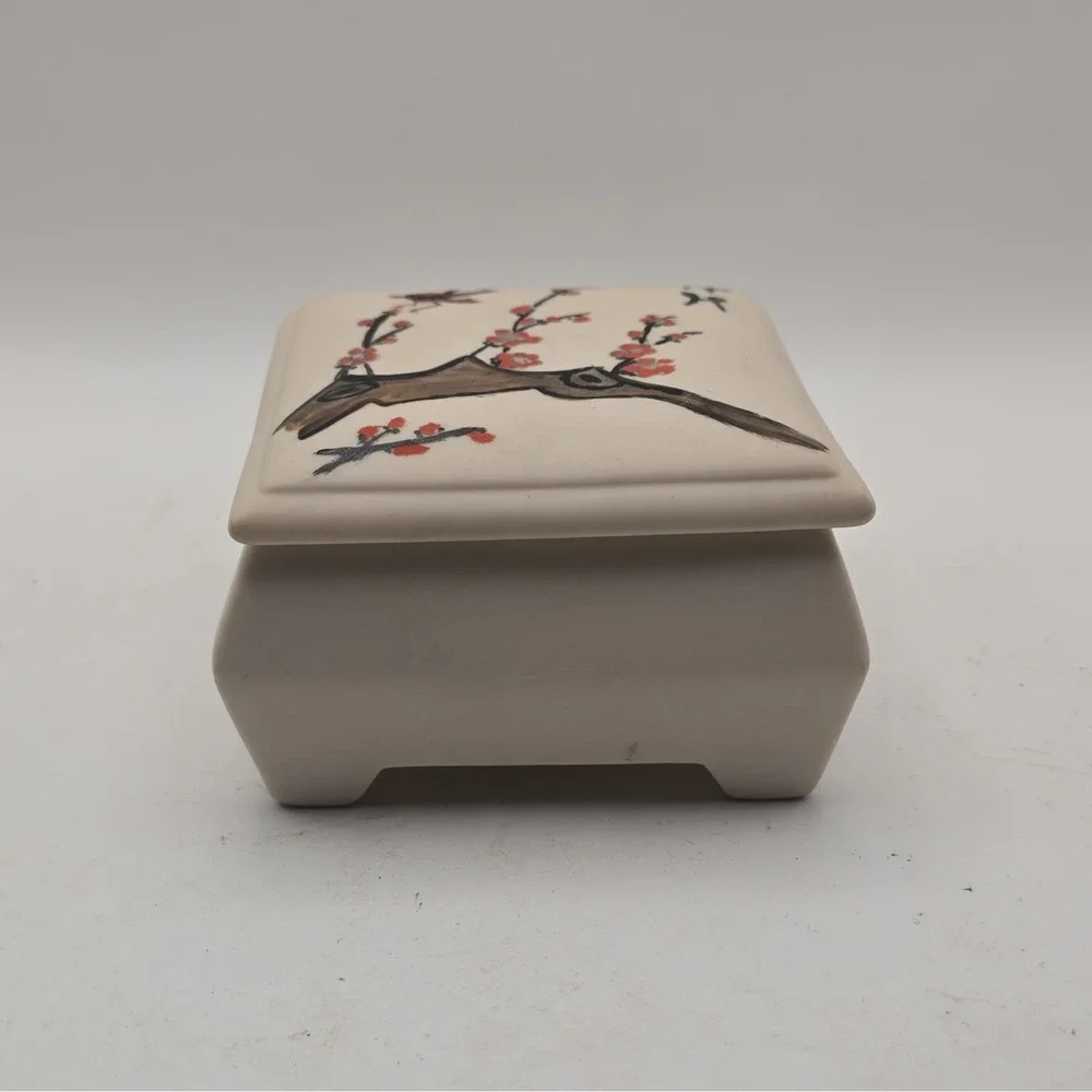 Square Ceramic Lidded Trinket Box Blossom Branch & Bird Design